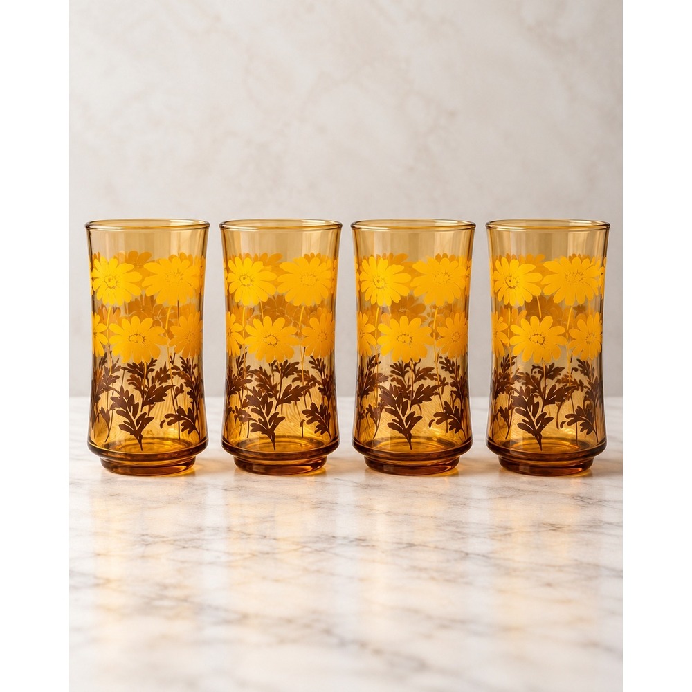 Vintage Libbey Amber Daisy Glasses Set of 4 1970s Yellow Floral Tumblers